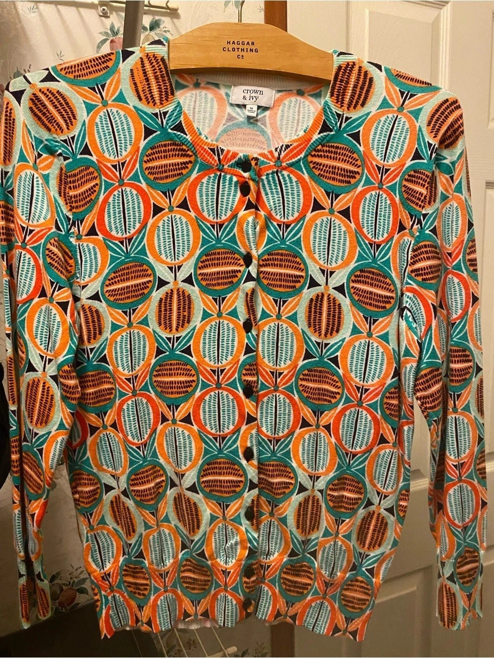 Crown & Ivy Geometric Cardigan in Orange & Green Size Medium